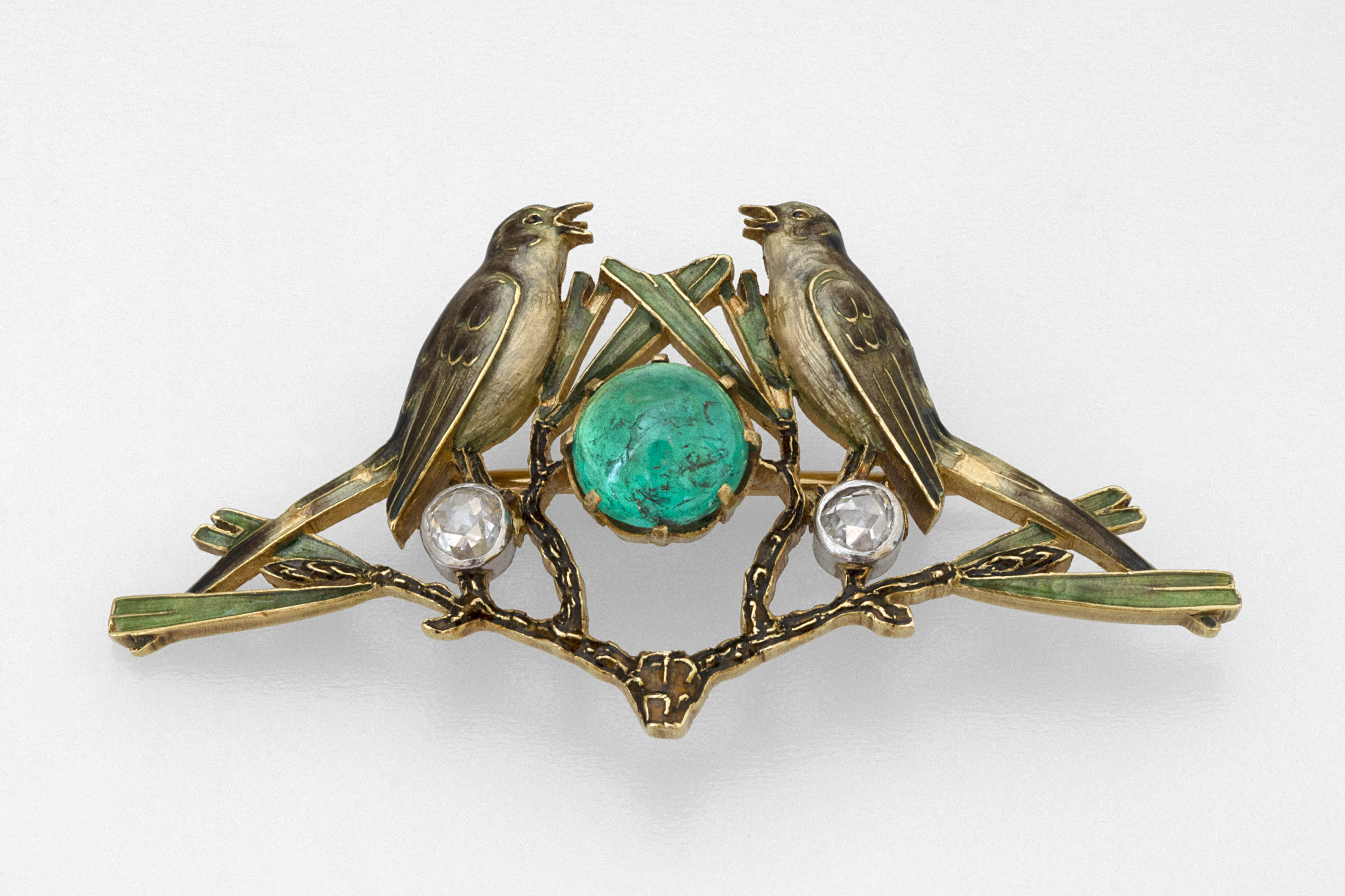 Broche Twee vogels met Lariksblad Lalique Chrysopraas001 JPG 2 mb